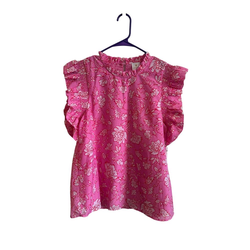J.Marie NWT Pink Floral Ruffle Sleeve Tank Top Blouse Sz L Rosie Preppy
